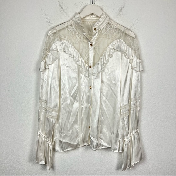 Divine Heritage Satin Lace Inset Ruffle Blouse White Long Sleeve Button Down Top - Picture 2 of 9